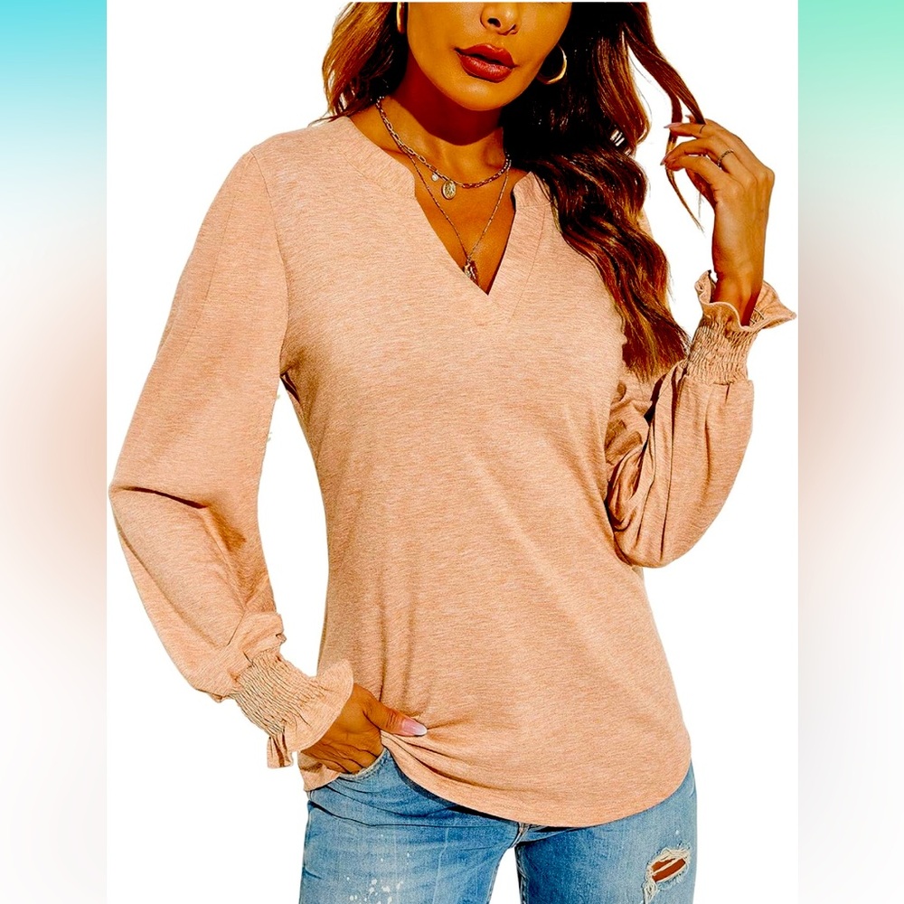 Romanstii Women's Casual V-Neck Tee Loose Puff Long Sleeve Tops Tunic Blouses